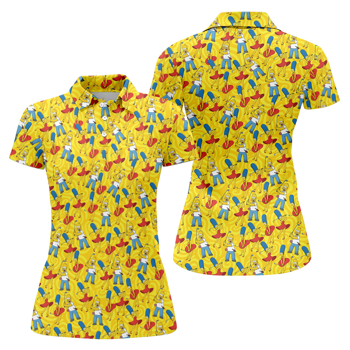 Funny Cartoon Couple Golf Pattern Polo Shirt, Golf Shirts For Women, Women’s Golf Polo