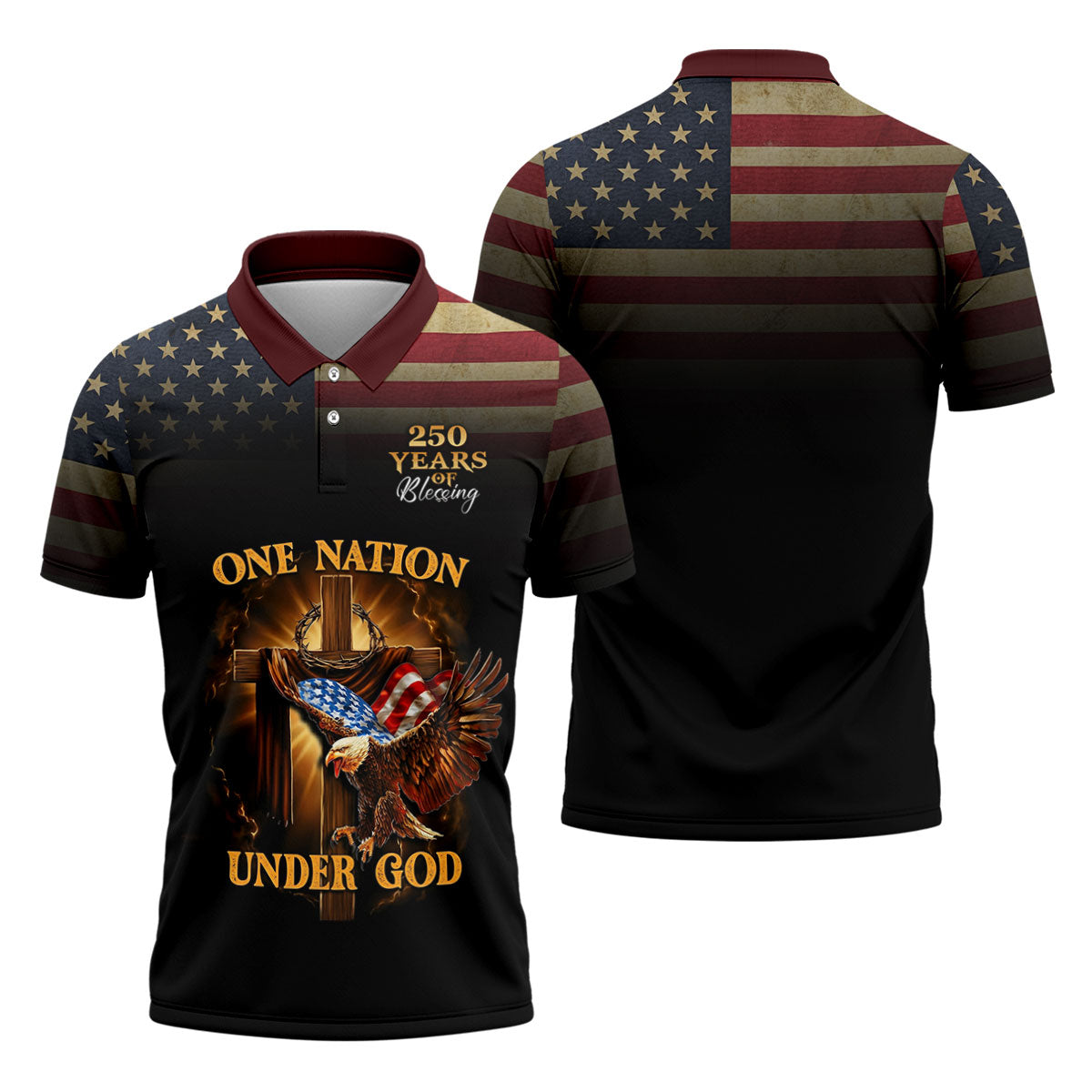 One Nation Under God 250 Years Faith Cross Golf Tops For Men, Patriotic US Flag Father's Day Golf Shirt