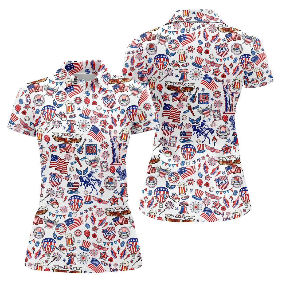 250 Celebration US Flag Pattern Ladies Golf Tops, Patriotic 4th Of July Golf Shirt For Women