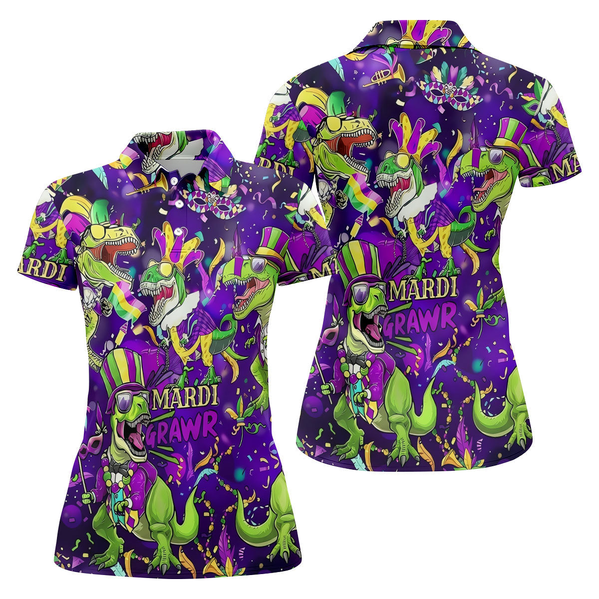Mardi Grawr Purple Green Gold Funny Dinosaur Mardi Gras Golf Shirt, Women's Golf Tops, Ladies Golf Shirt