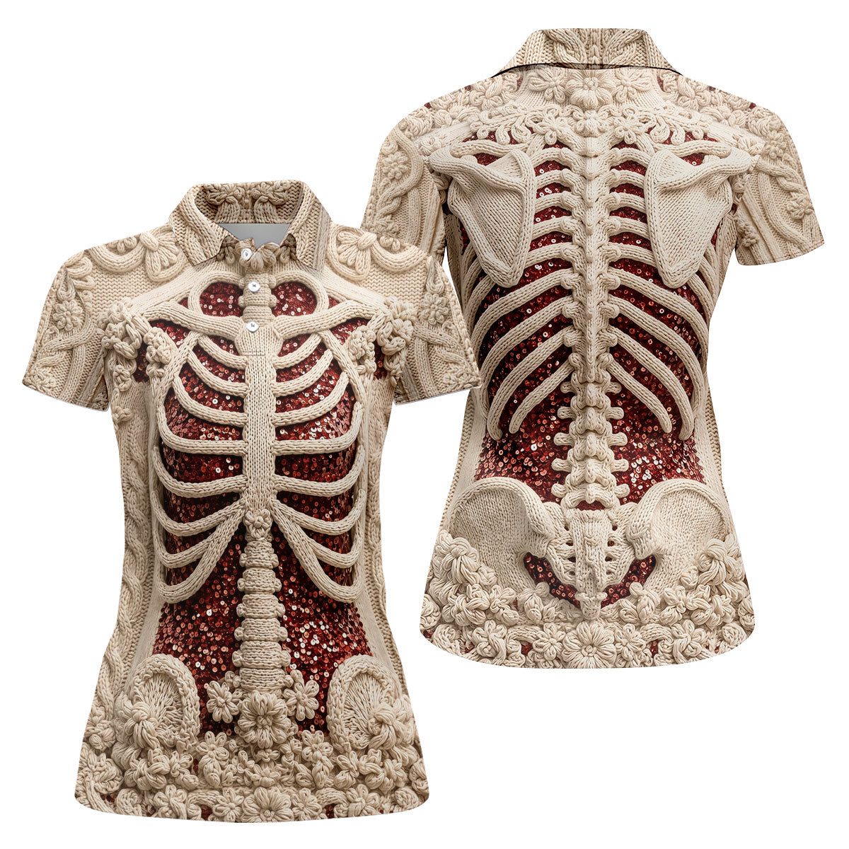 Knitted Skeleton Sequin Halloween Polo Shirt, Golf Shirts For Women, Womens Golf Tops