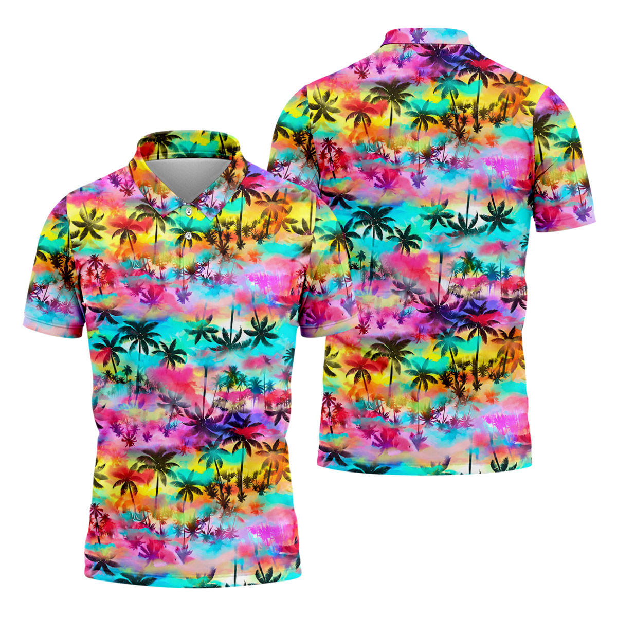 Watercolor Tropical Palm Golf Shirt, Colorful Sunset Hawaiian Polo, Polo Shirts For Men