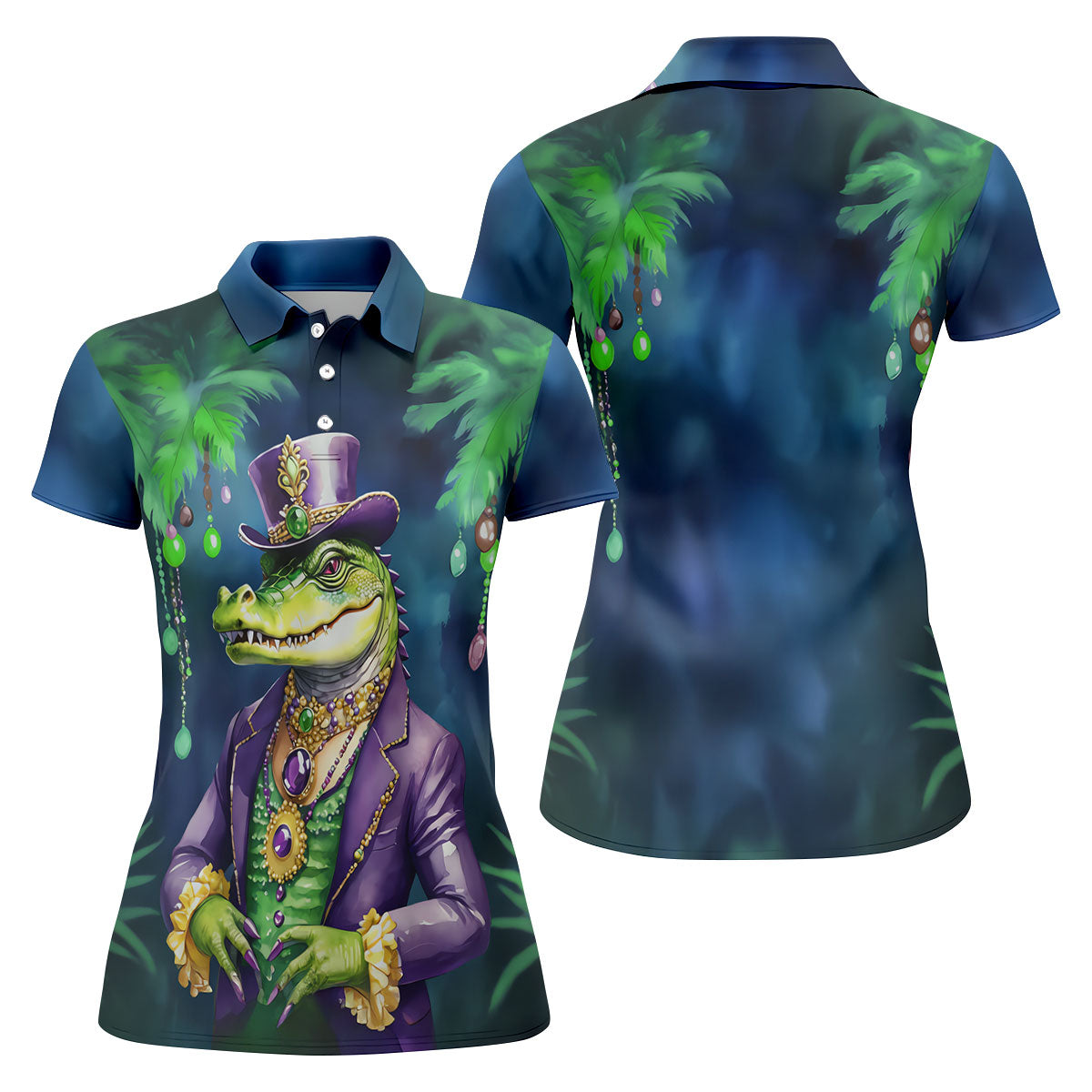 Mardi Gras Alligator Navy Golf Shirt, Fun Women's Golf Shirts, Women's Golf Tops, Ladies Golf Polos