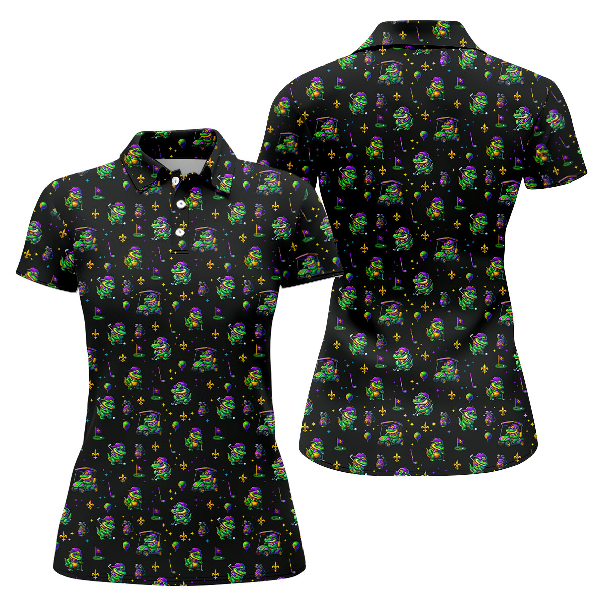 Funny Crocodile Mardi Gras Golf Shirts, Black Golf Shirt, Festive Women Golf Top, Ladies Golf Shirts