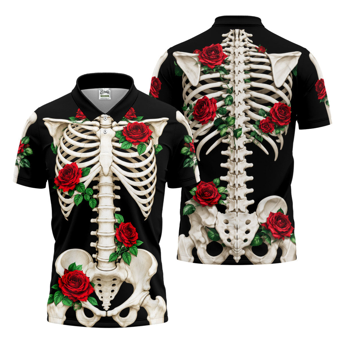 Skeleton Rib Cage And Red Roses Halloween Polo Shirt, Polo Shirts For Men, Mens Golf Shirts