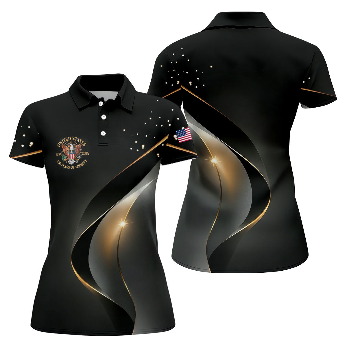 US 250 Years Of Liberty American Flag And Bald Eagle Black Golf Shirt, Patriotic 4th Of July Golf Shirt For Women