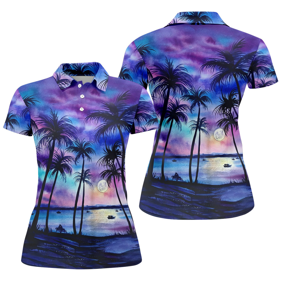 Moonlit Tropical Beach Palm Tree Golf Shirt, Women's Golf Shirt, Hawaiian Golf Shirt, Golf Polo For Women