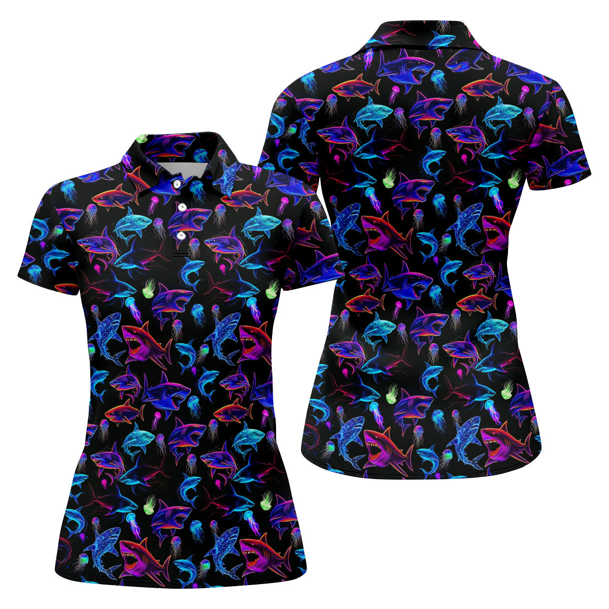 Neon Shark Funny Golf Shirt, Golf Shirt For Women, Ladies Golf Shirts, Women's Polo Shirt