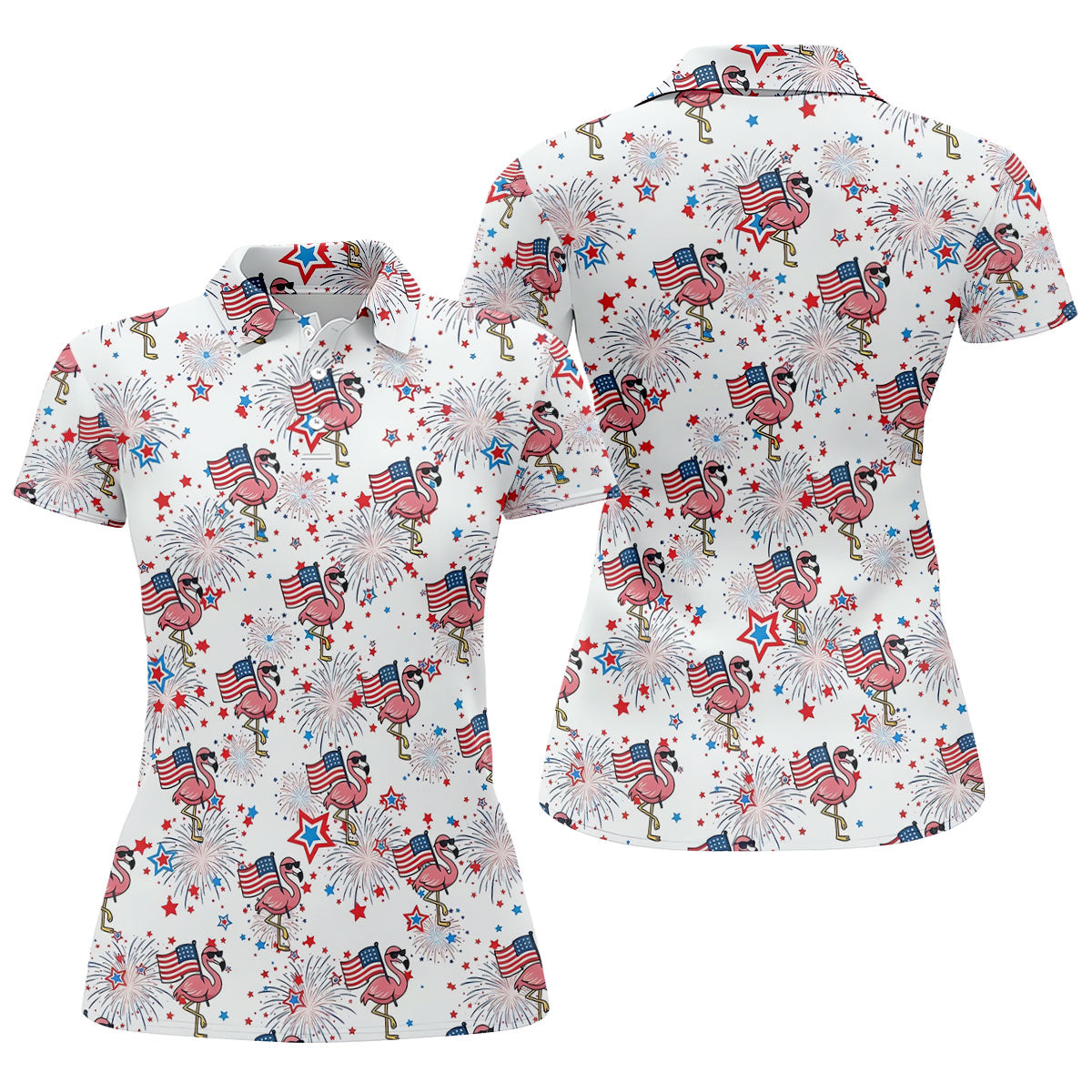 Patriotic Flamingo American Flag Polo Shirt, Womens Golf Polo, Golf Shirts For Women