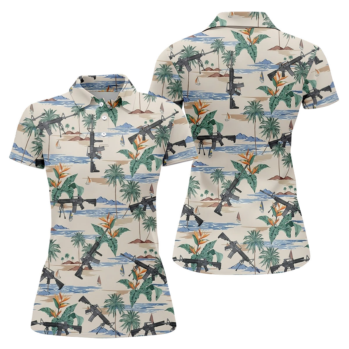 Hawaiian Palm Tree With Army Theme Women Golf Top, Ladies Golf Shirts, Golfing Apparel
