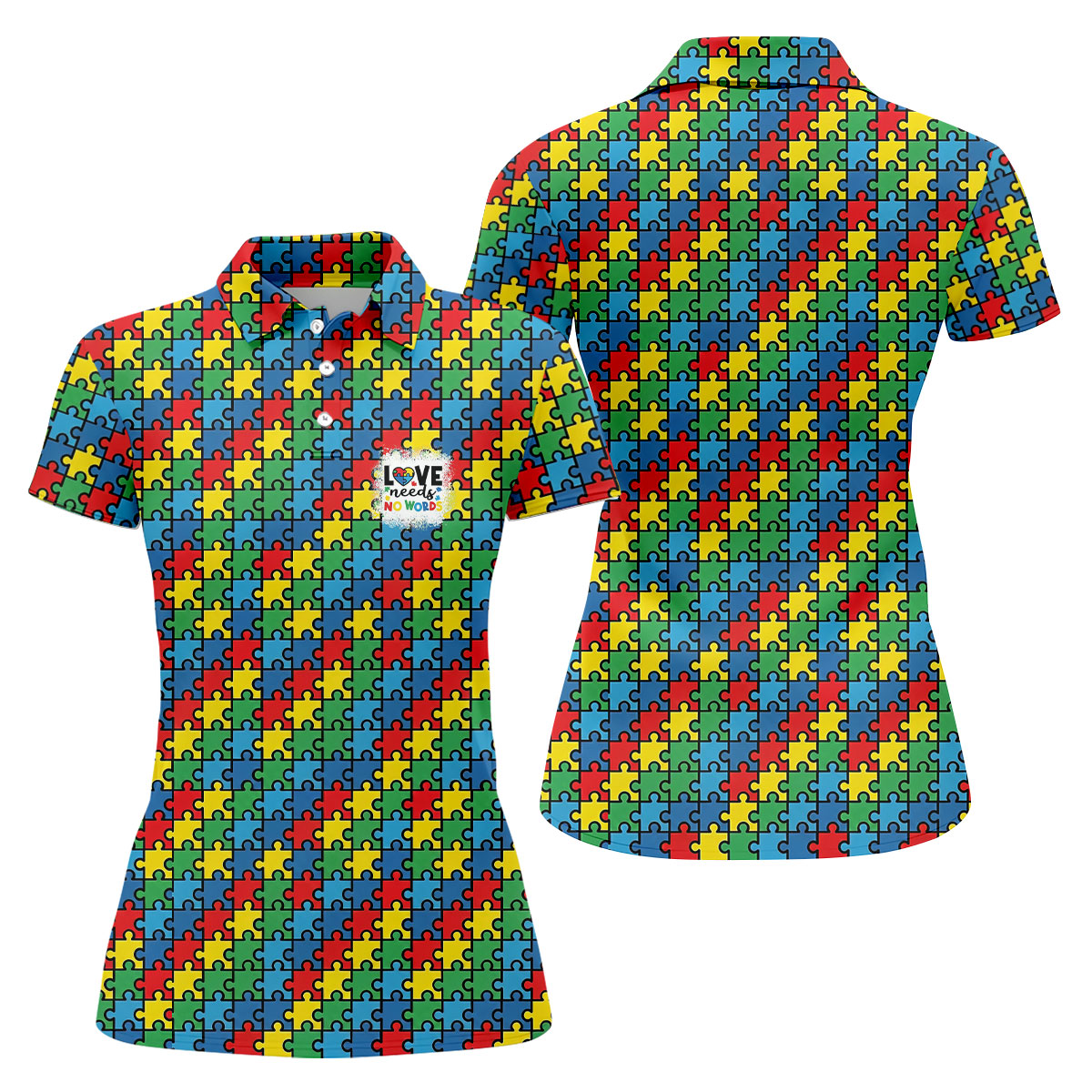 Love Needs No Words Autism Awareness Jigsaw Puzzle Pieces Golf Shirt For Women, Ladies Golf Polos