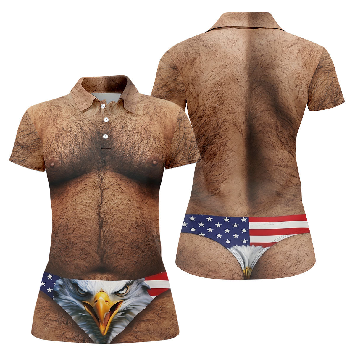 Hairy Body Funny Eagle American Flag Women Golf Shirt, 250th Anniversary 4th Of July Ladies Golf Shirt