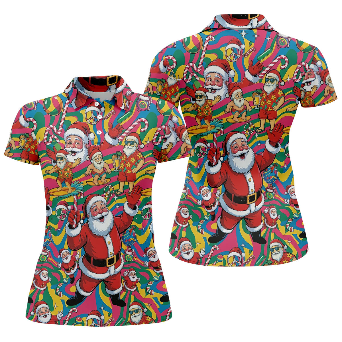 Funny Tropical Santa Christmas Polo Shirt, Womens Golf Polo, Christmas Shirts For Women