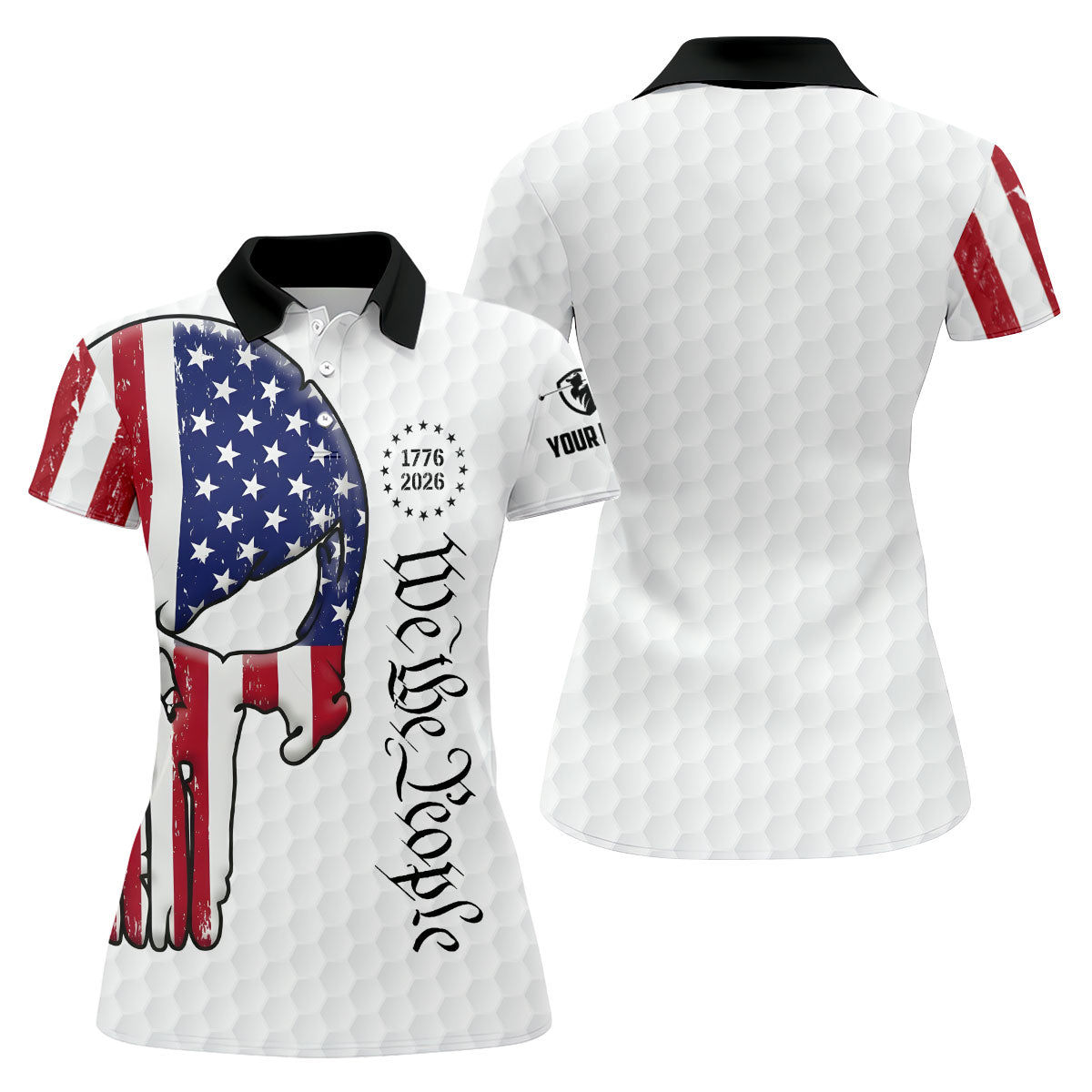 We The People 250 Celebration US Flag Pattern Skull Golf Shirt, Patriotic 4th Of July Golf Shirt For Women