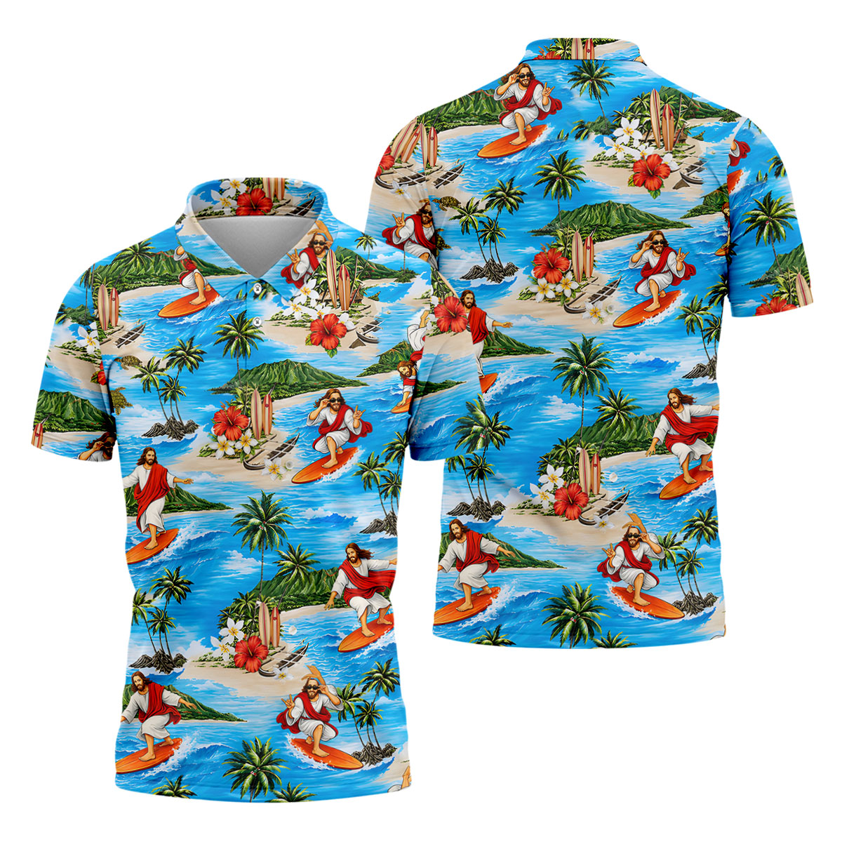 Funny Beach Surfer Jesus Hawaiian Golf Shirt, Mens Golf Polo, Printed Golf Shirts