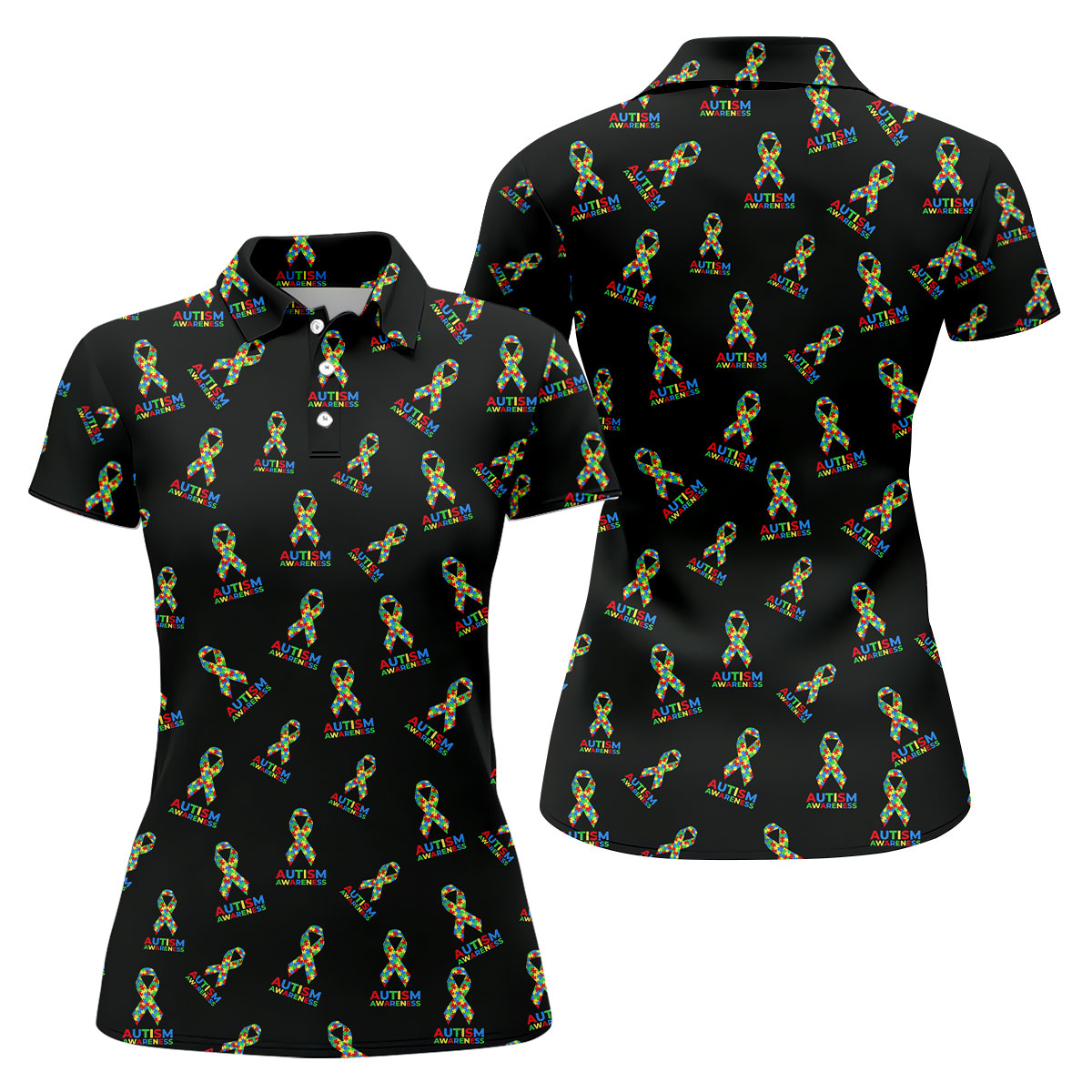 Autism Awareness Colors Autism Ribbon Black Golf Shirt, Women's Golf Tops, Ladies Golf Polos