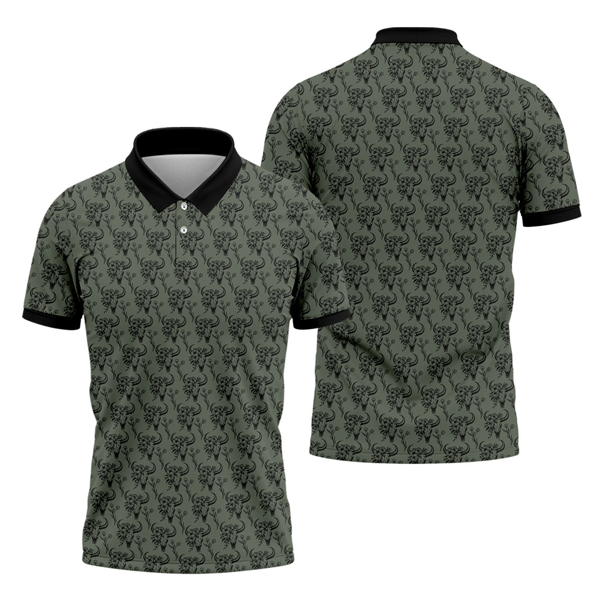 Cow Skull With Flowers Western Theme Forest Green Golf Tops For Men, Polo ShirtFor Men, Golf Shirts For Men