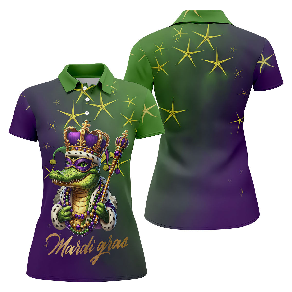 Mardi Gras Aligator Crown Mask Purple Green Gold Women's Golf Shirts, Women's Golf Tops, Ladies Golf Shirts