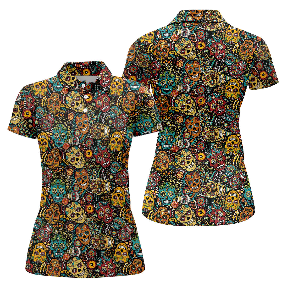 Colorful Sugar Skull Halloween Polo Shirt, Golf Shirts For Women, Women’s Golf Apparel