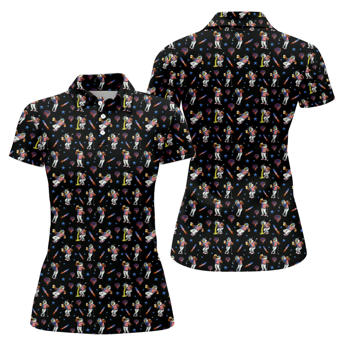 Patriotic Eagle Golf And Beer Funny 4th Of July Black Golf Shirt, 250th Anniversary Women's Golf Tops