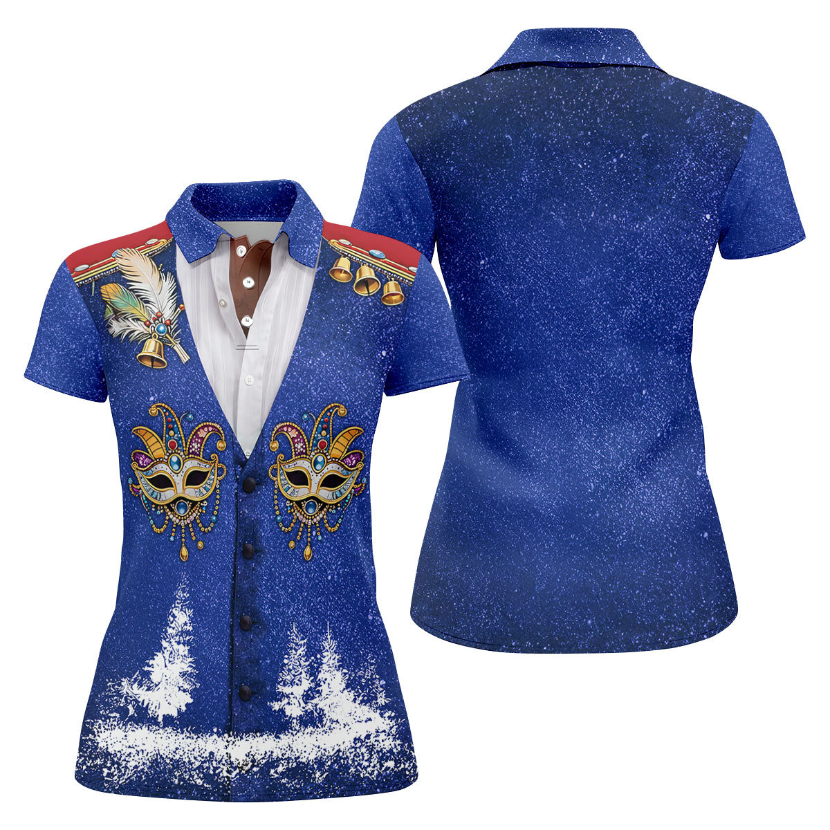 Masquerade Mask Feather Mardi Gras Glitter Print Blue Golf Shirt, Women's Golf Tops, Ladies Golf Shirts