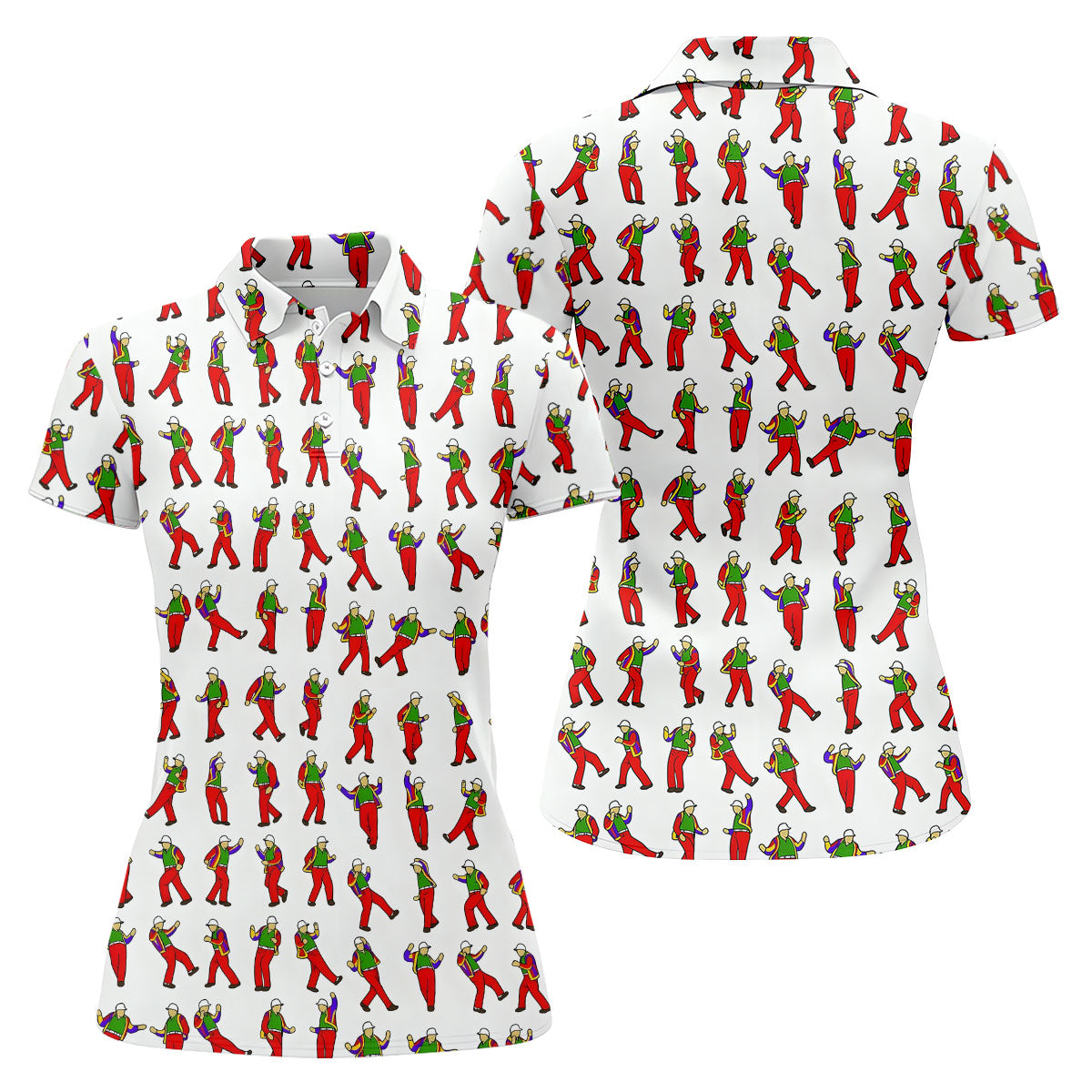Colorful Dancing Character Pattern Polo Shirt, Printed Golf Shirt, Women’s Golf Apparel