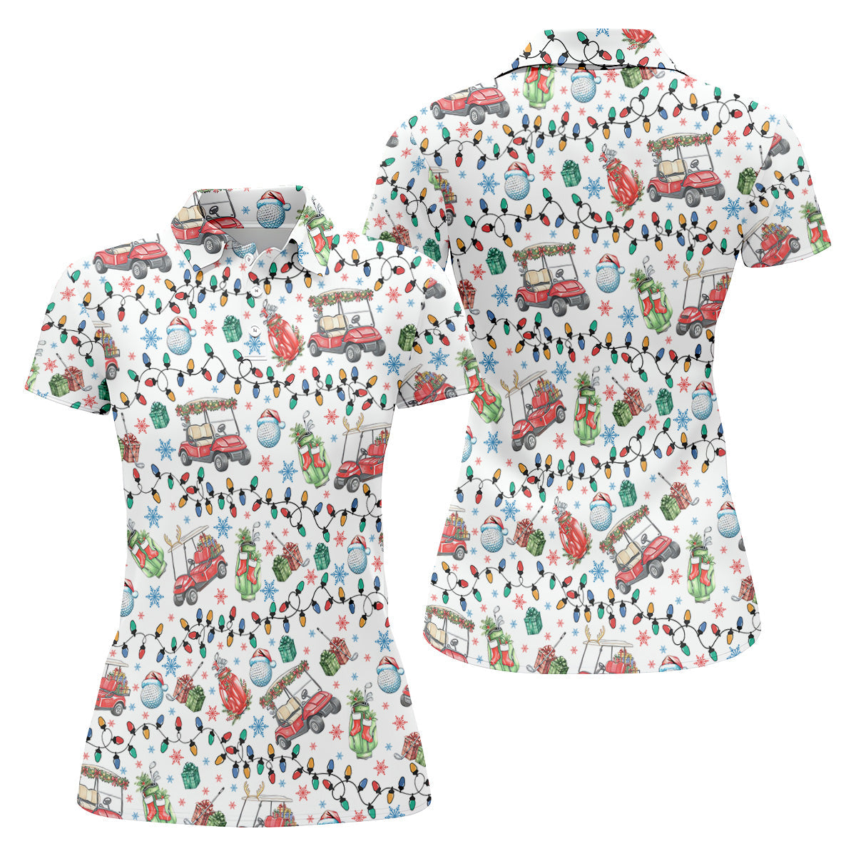 Golf Cart Christmas Lights Women's Golf Tops, Christmas Golf Shirt, Ladies Golf Polos, Golf Lover Xmas Gift