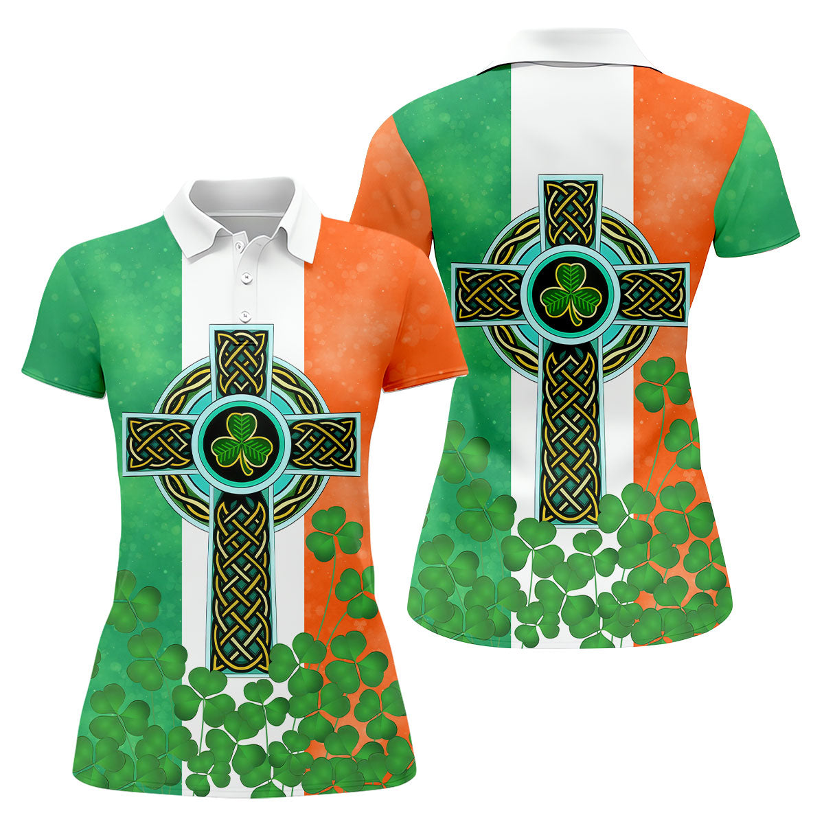Celtic Cross Knotwork St Patrick's Day Shamrock Golf Shirt, Women's Golf Tops, Ladies Golf Shirts