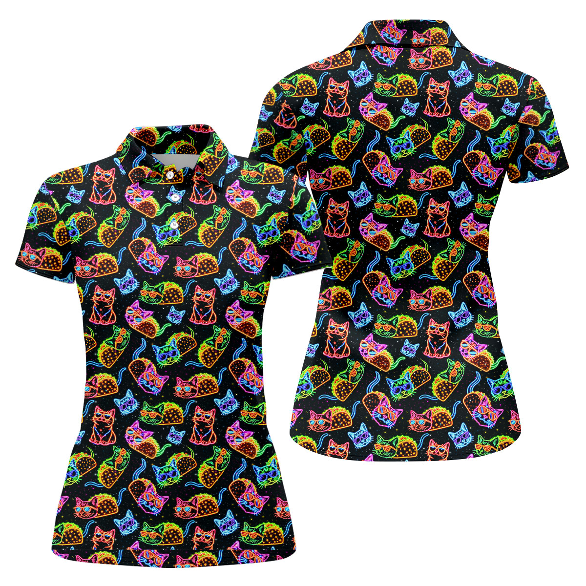 Neon Cats Tropical Vibe Women's Golf Tops, Cute Golf Outfit, Ladies Golf Shirts, Golf Shirt For Women
