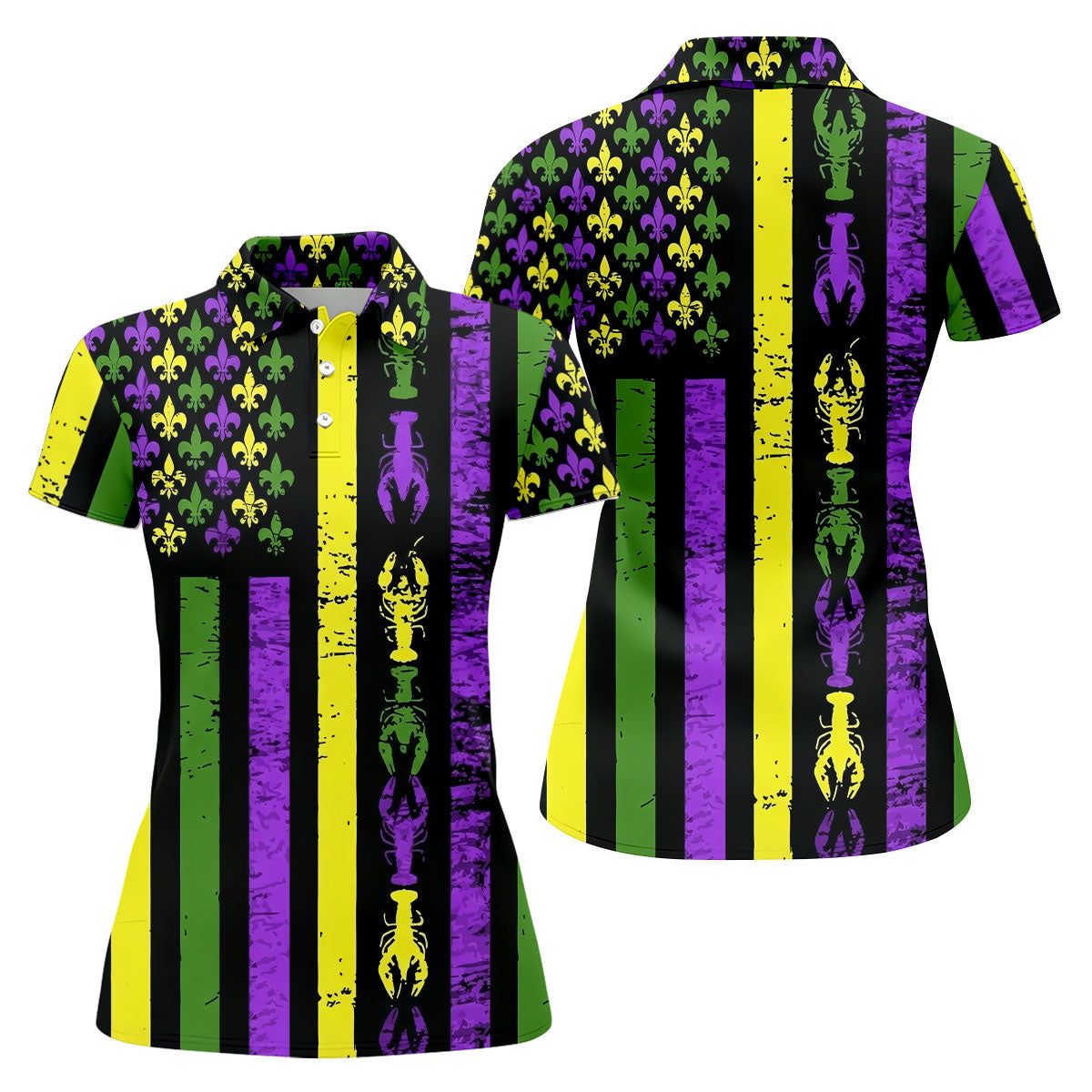 Mardi Gras Flag Fleur-De-Lis Symbol Crawfish Pattern Women's Golf Tops, Women's Golf Shirts, Ladies Golf Polos