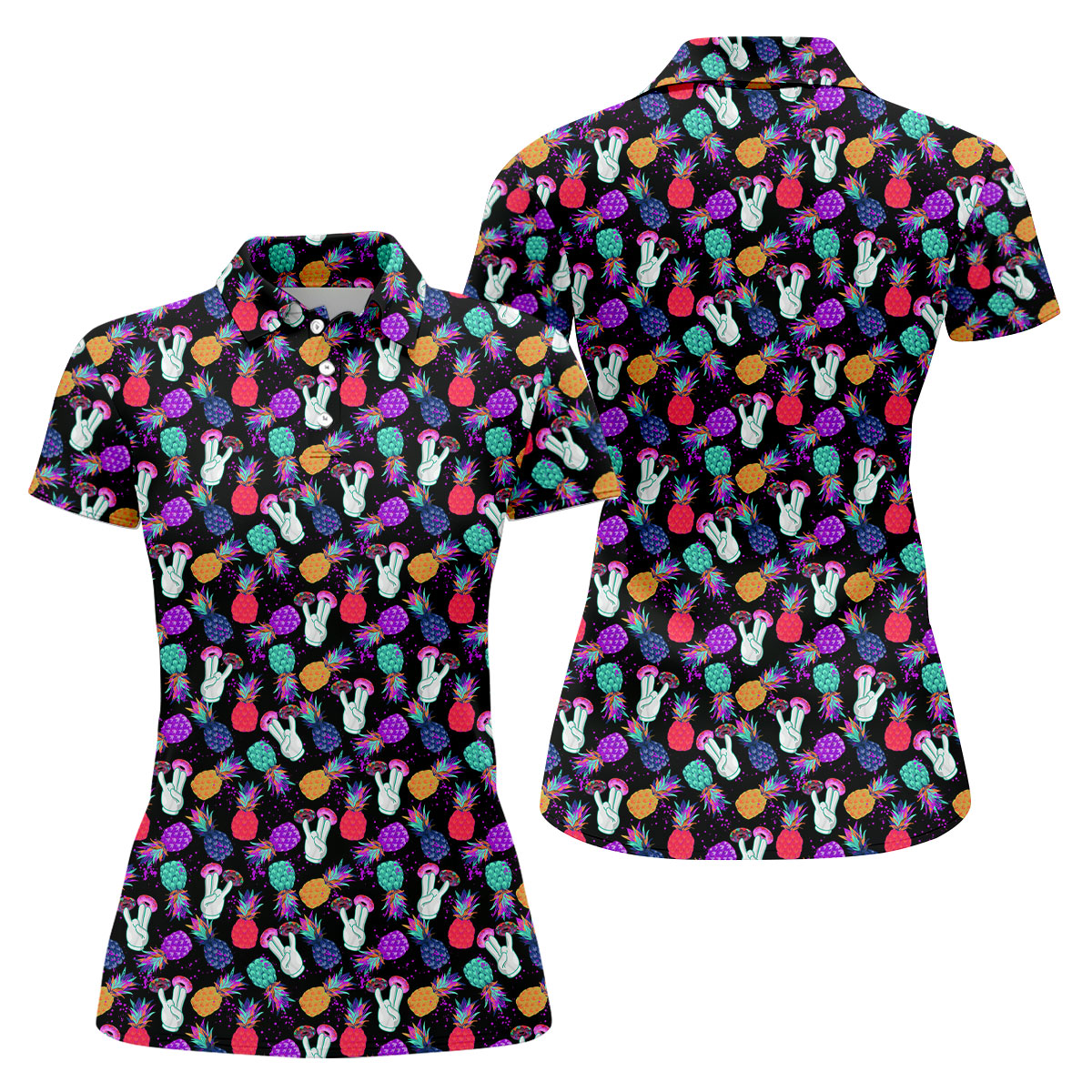 Hawaiian Pineapples Donut Finger Turquoise Orange Purple Fun Women's Golf Shirts, Women's Golf Tops