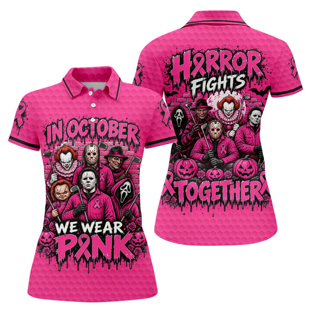 Horror Fights Together Pink Ribbon Polo Shirt, Golf Tops For Women, Women’s Golf Apparel