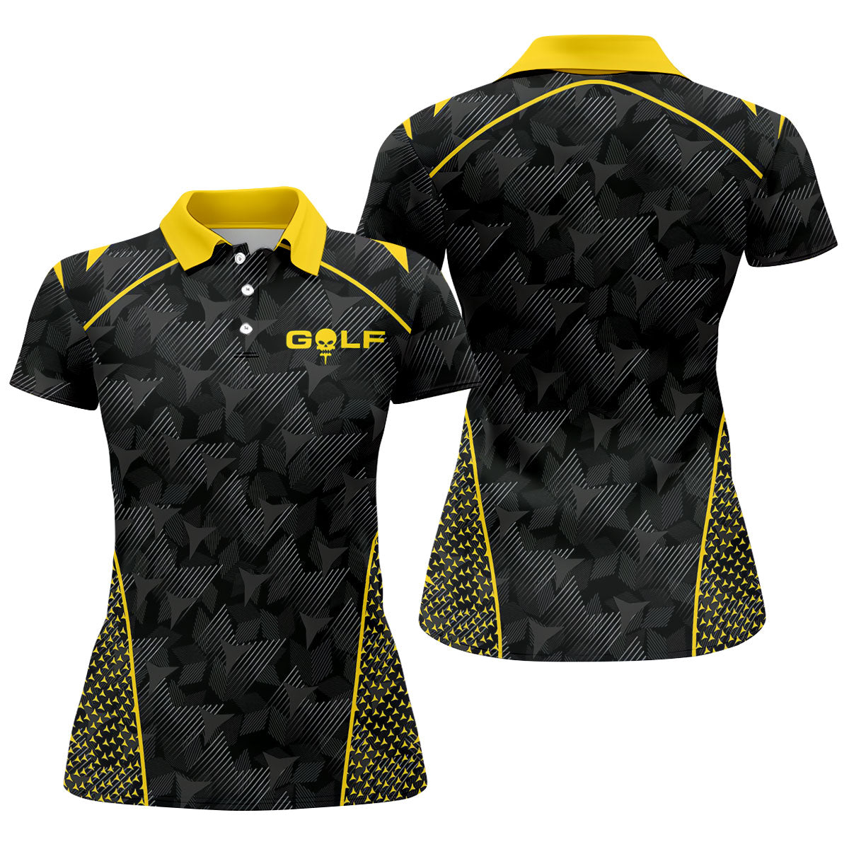 Abstract Triangle Black Yellow Ladies Golf Tops, Golf Shirt For Women, Golfing Apparel