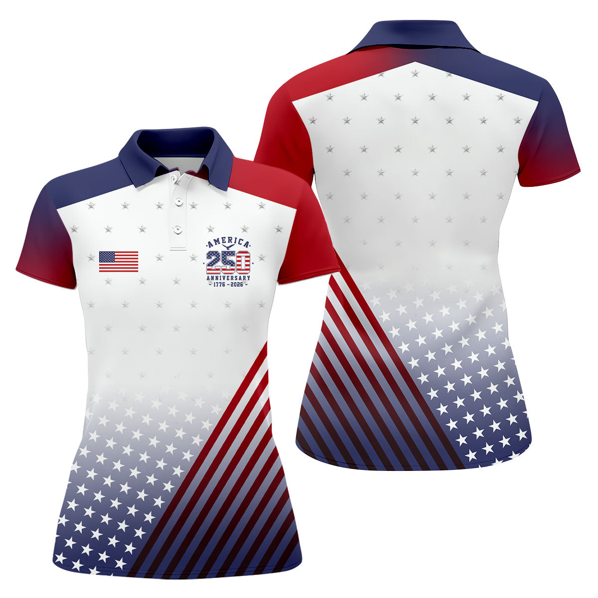 America 250 Anniversary 1776-2026 Flag Logo Golf Shirt For Women, Patriotic 4th Of July Golf Shirt