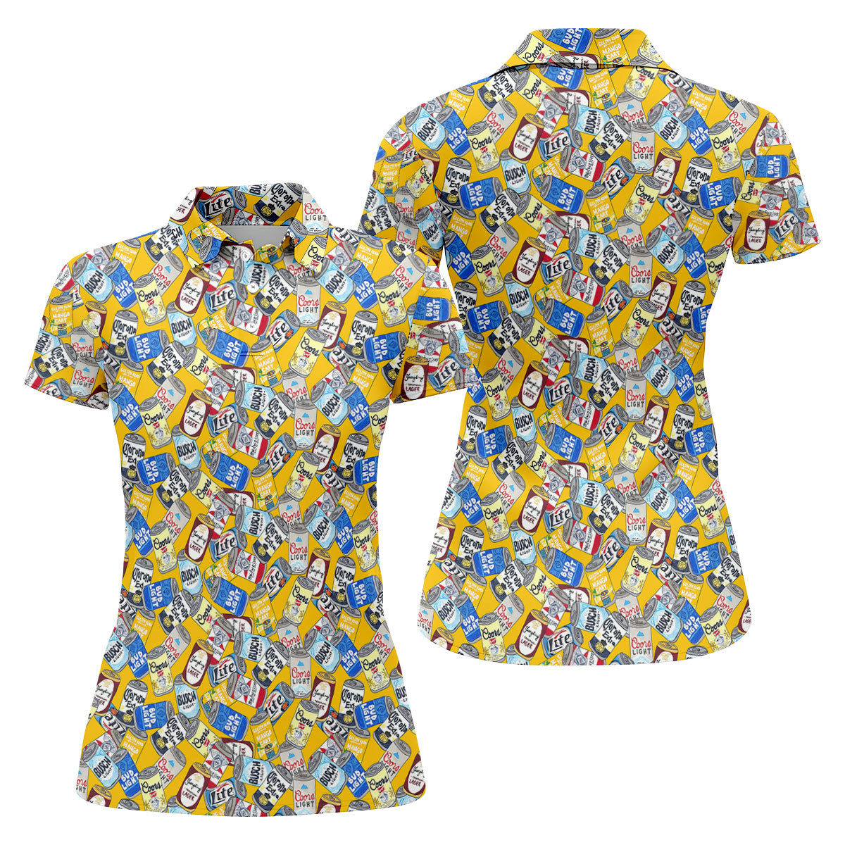 American Beer Cans Yellow Golf Shirt, Ladies Golf Shirts, Golf And Beer Golf Shirt For Women