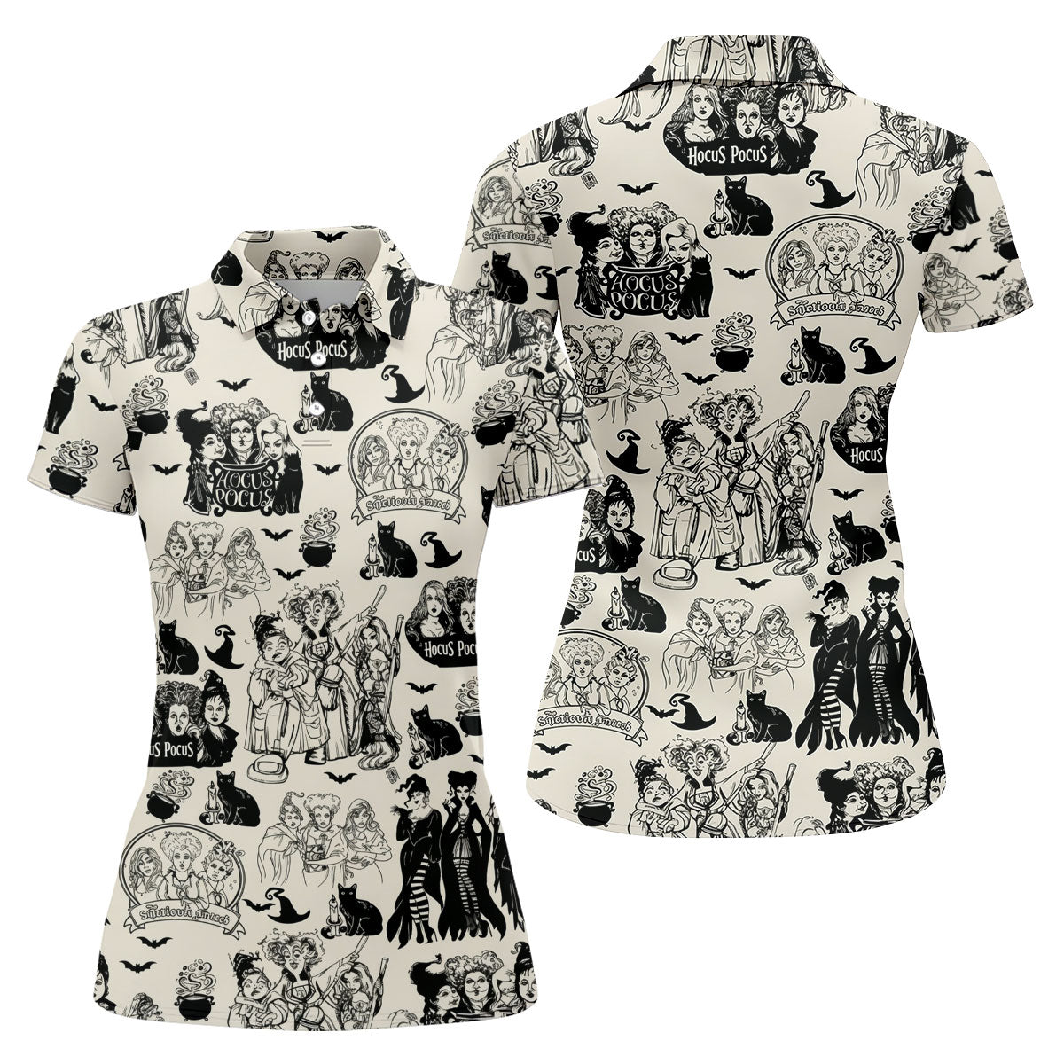Witch Sisters Black Cat Halloween Polo Shirt, Golf Tops For Women, Women’s Golf Apparel