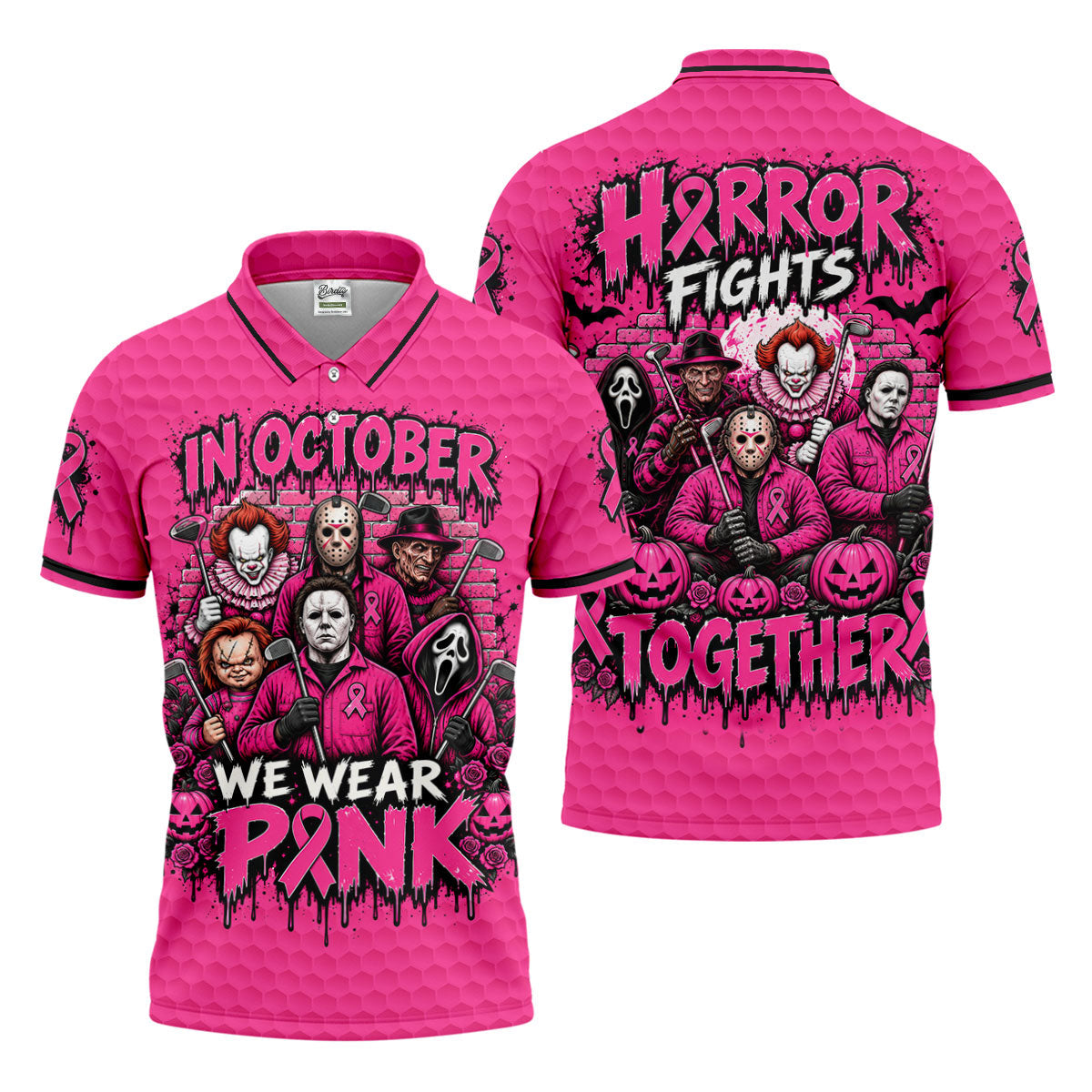 Horror Fights Together Pink Ribbon Polo Shirt, Golf Shirts For Men, Polo Shirts For Men