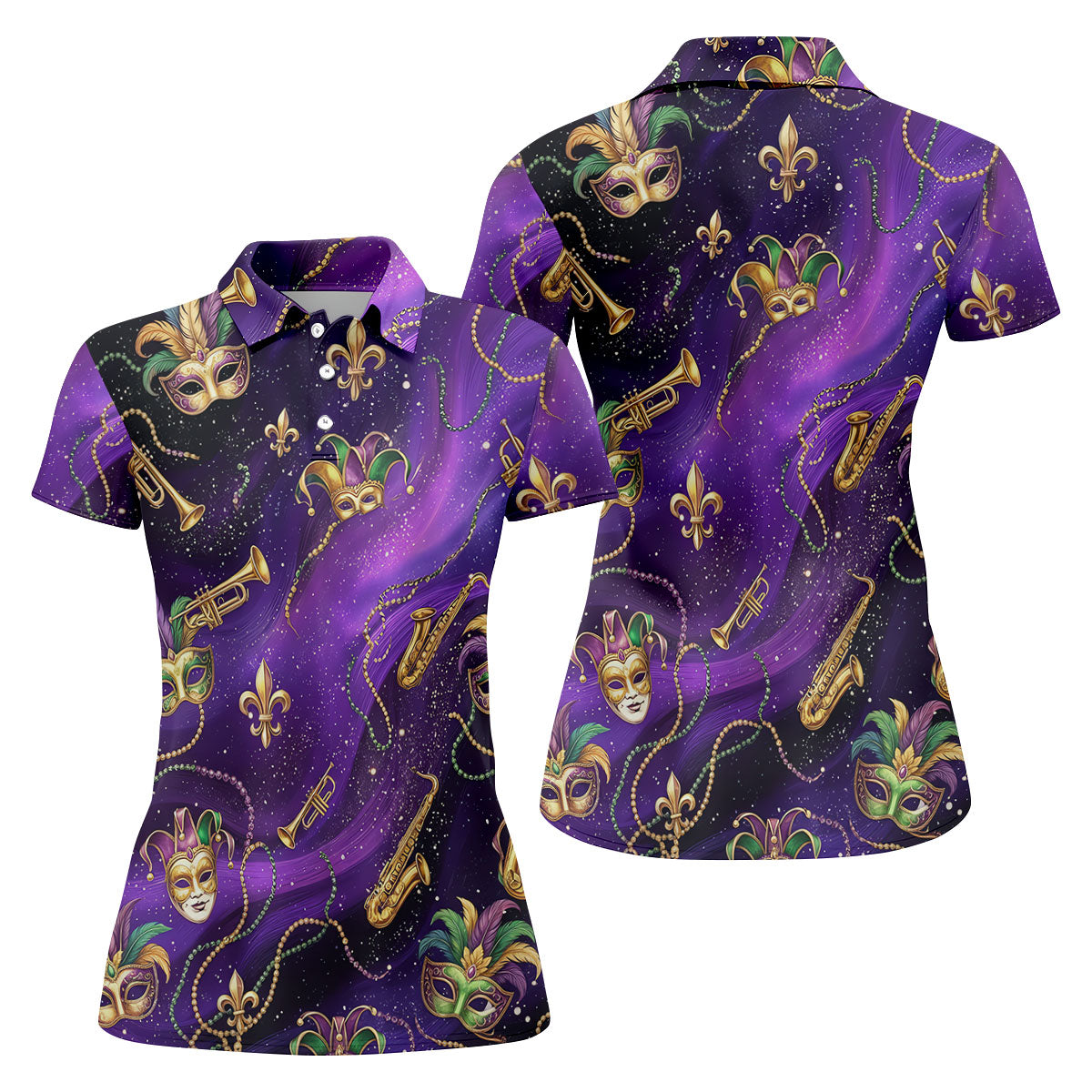 Golden Fleur De Lis Trumpet And Saxophone Mardi Gras Masquerade Mask Purple Golf Shirt, Women's Golf Tops