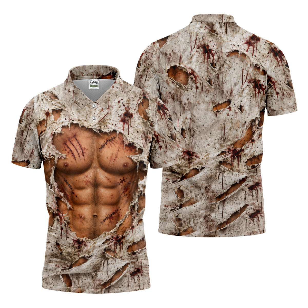 Torn Shirt Muscle Chest Illusion Halloween Polo Shirt, Mens Golf Polo, Printed Golf Shirts