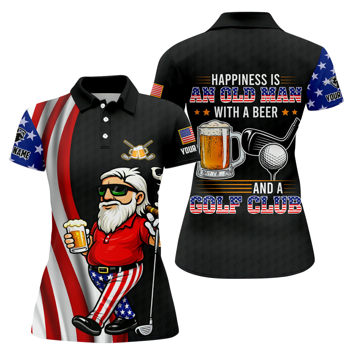 Happiness Is An Old Man With A Beer Funny 4th Of July Black Golf Shirt, 250th Anniversary Women's Golf Tops