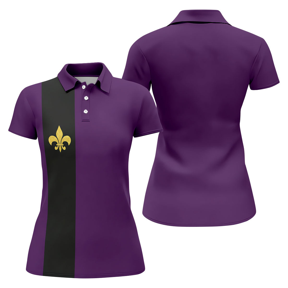 Mardi Gras Fleur De Lis Black Vertical Stripe Purple Golf Shirt, Women's Golf Tops, Ladies Golf Polos