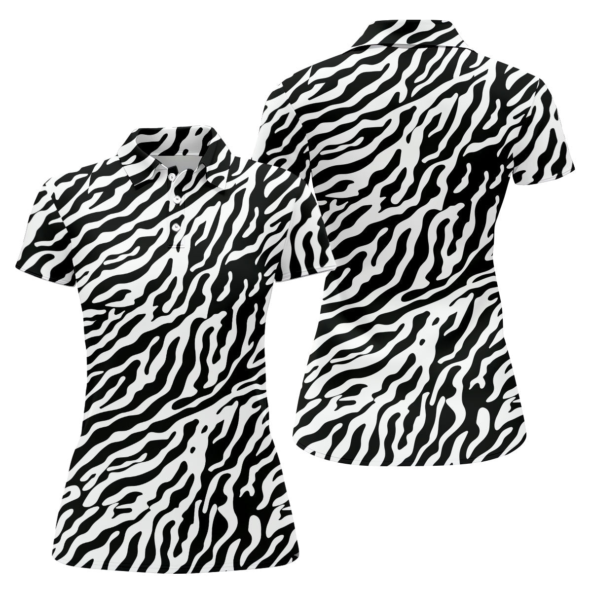 Zebra Print Golf Shirt, Black White Animal Pattern 's Golf Polo, Polo Shirts For Women