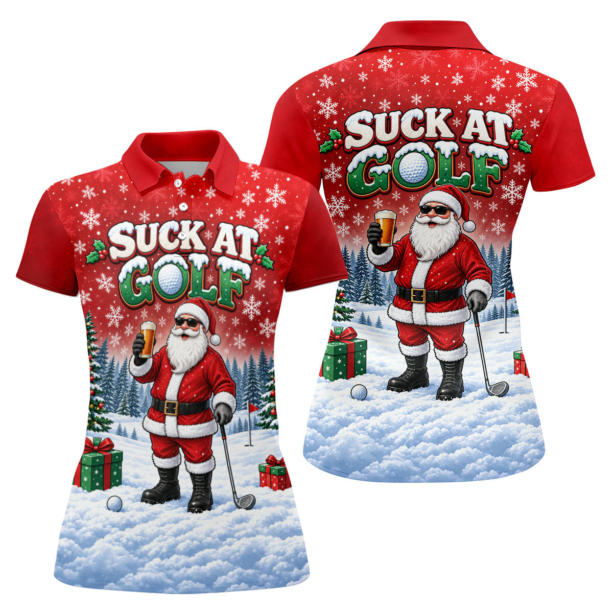 Suck At Golf Santa Beer Christmas Golf Shirt, Ladies Golf Shirts, Golf Tops For Women