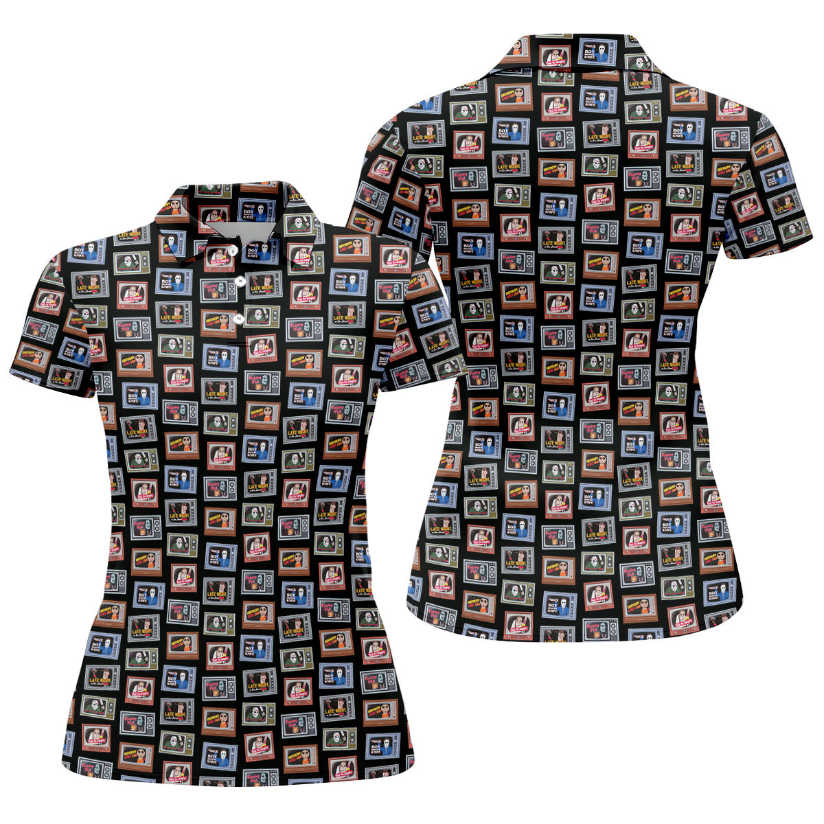 Horror Characters On Vintage TVs Halloween Polo Shirt, Women’s Golf Polo, Ladies Golf Top