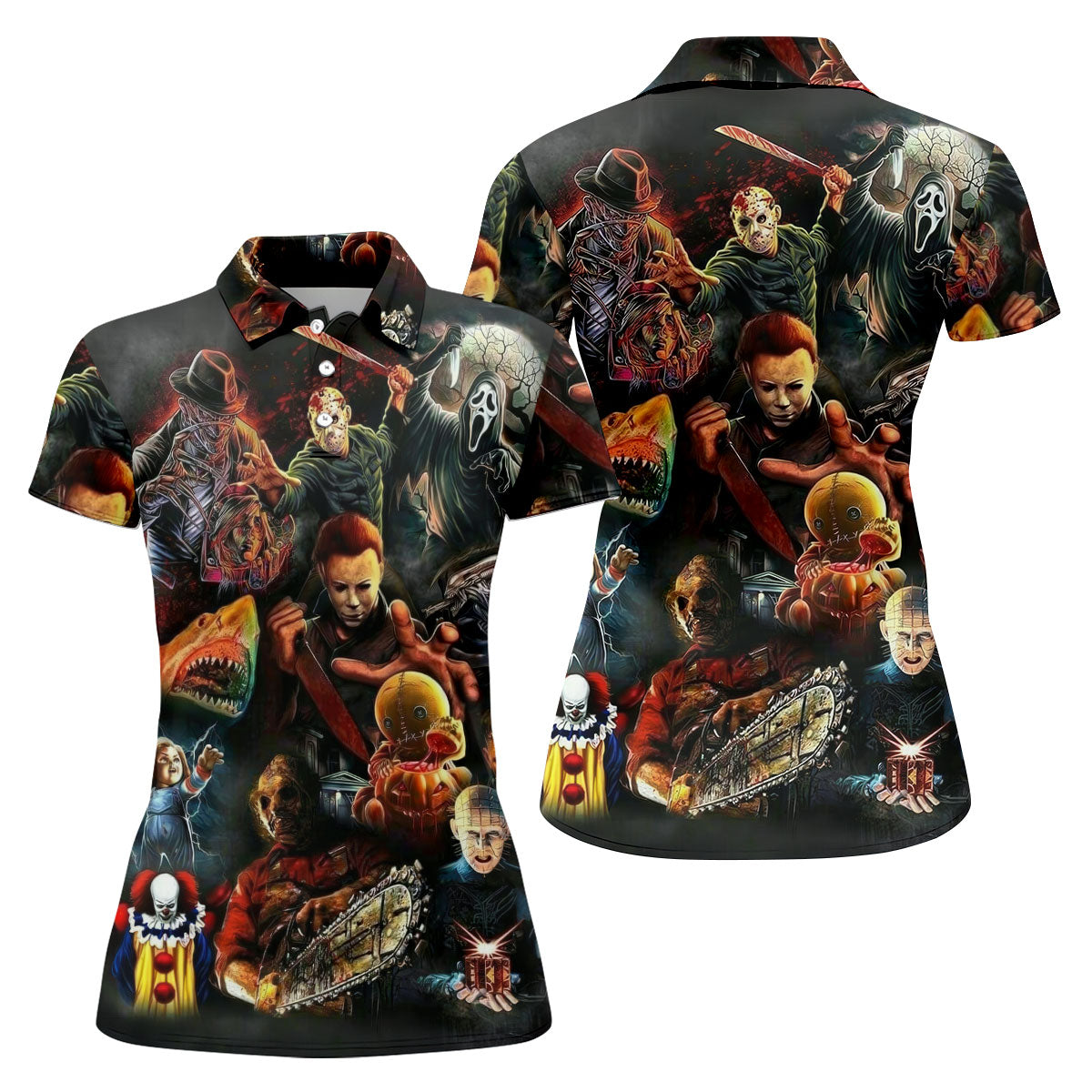 Halloween Horror Character Collage Golf Shirt, Women's Golf Polo, Printed Golf Shirt