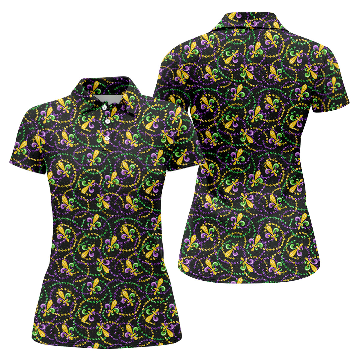 Mardi Gras Beads Purple Green Gold Fleur De Lis Women's Golf Tops, Ladies Golf Polos, Golf Shirt For Women