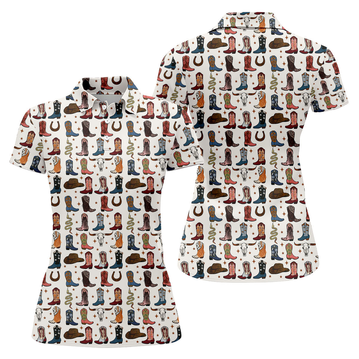 Western Cowboy Boots Horseshoes Pattern Retro Golf Shirt, Ladies Golf Polos, Golf Shirt For Women