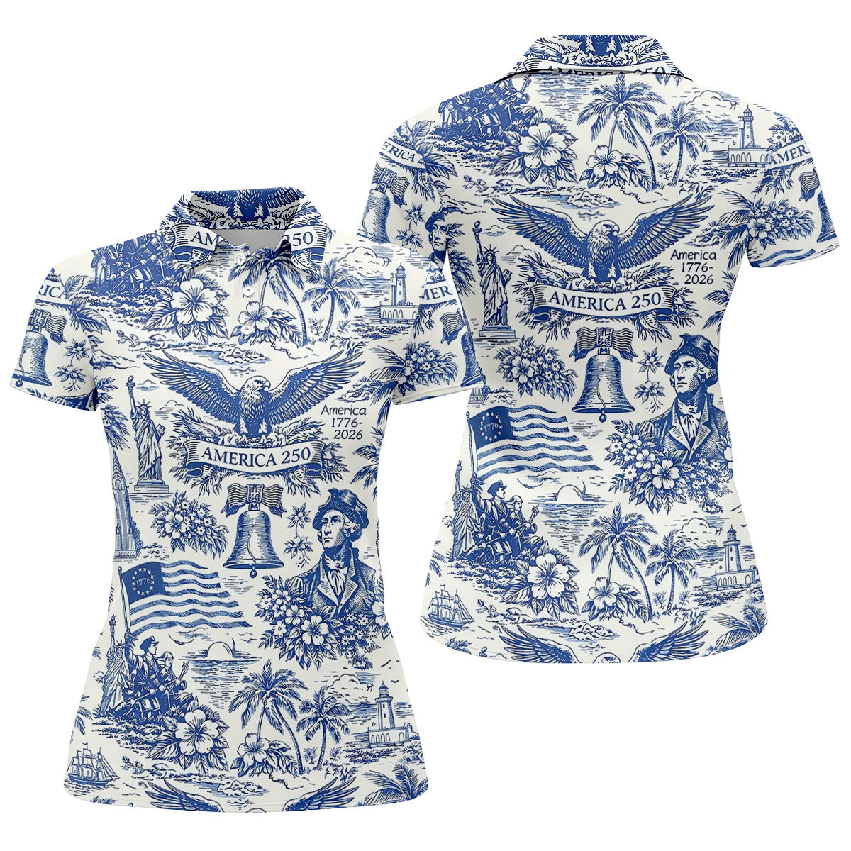 250th Anniversary Toile De Jouy American Symbols Vintage Golf Shirt, Patriotic 4th Of July Golf Shirt For Women