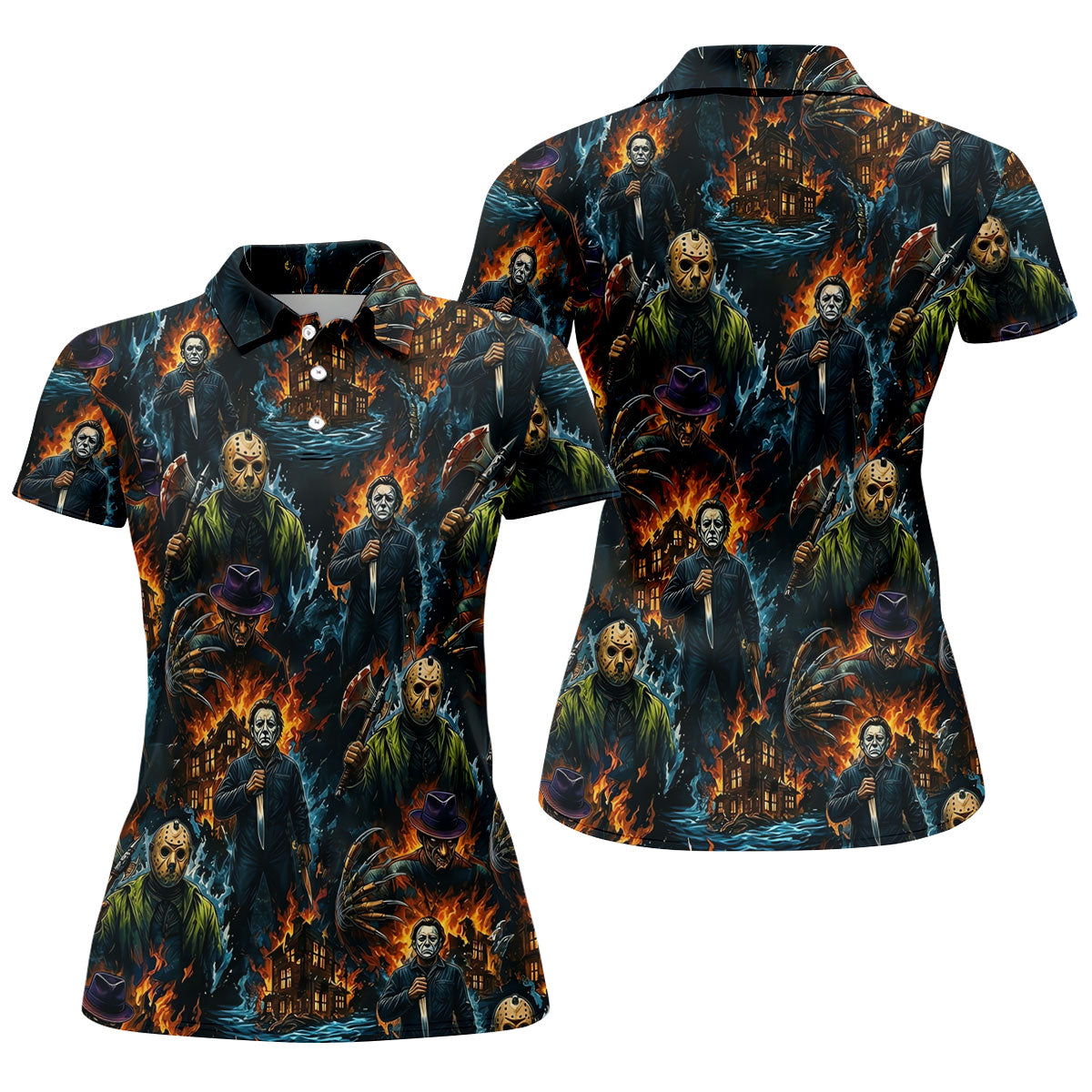 Horror Character Fire Collage Halloween Polo Shirt, Women’s Golf Polo, Golf Tops For Women