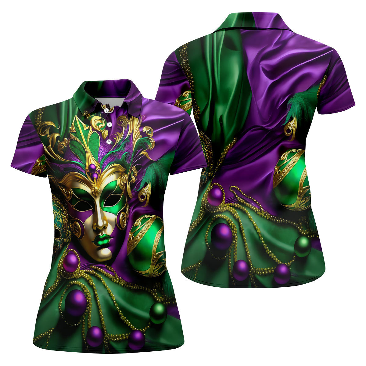 Mardi Gras Face Mask Purple Green Gold Women's Golf Tops, Ladies Golf Polos, Women's Polo Shirt
